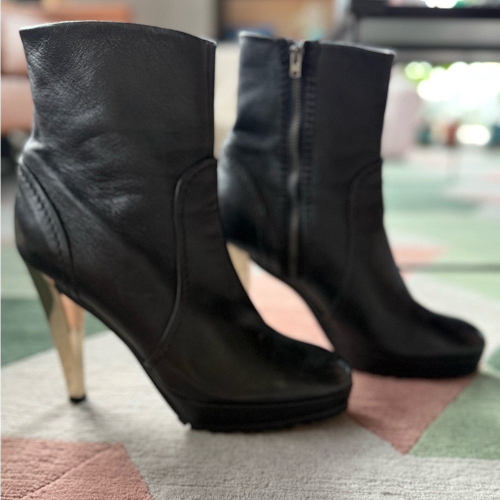 Black Leather Booties with chrome heels